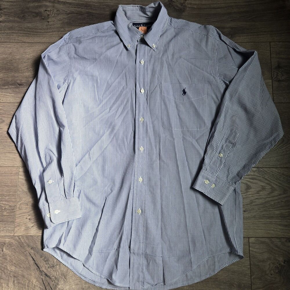 Vintage Ralph Lauren Shirt Mens 15 32 33 Blue White Gingham Check Button Down